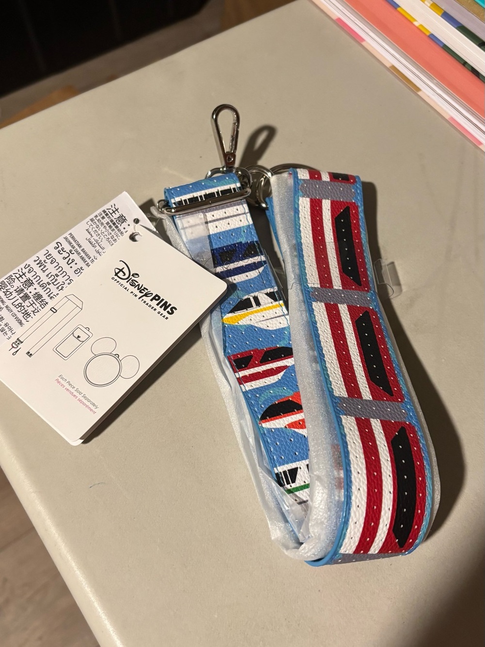 Disney Blue and Red Train Pattern Lanyard Keychain. Monorail. Disney. New